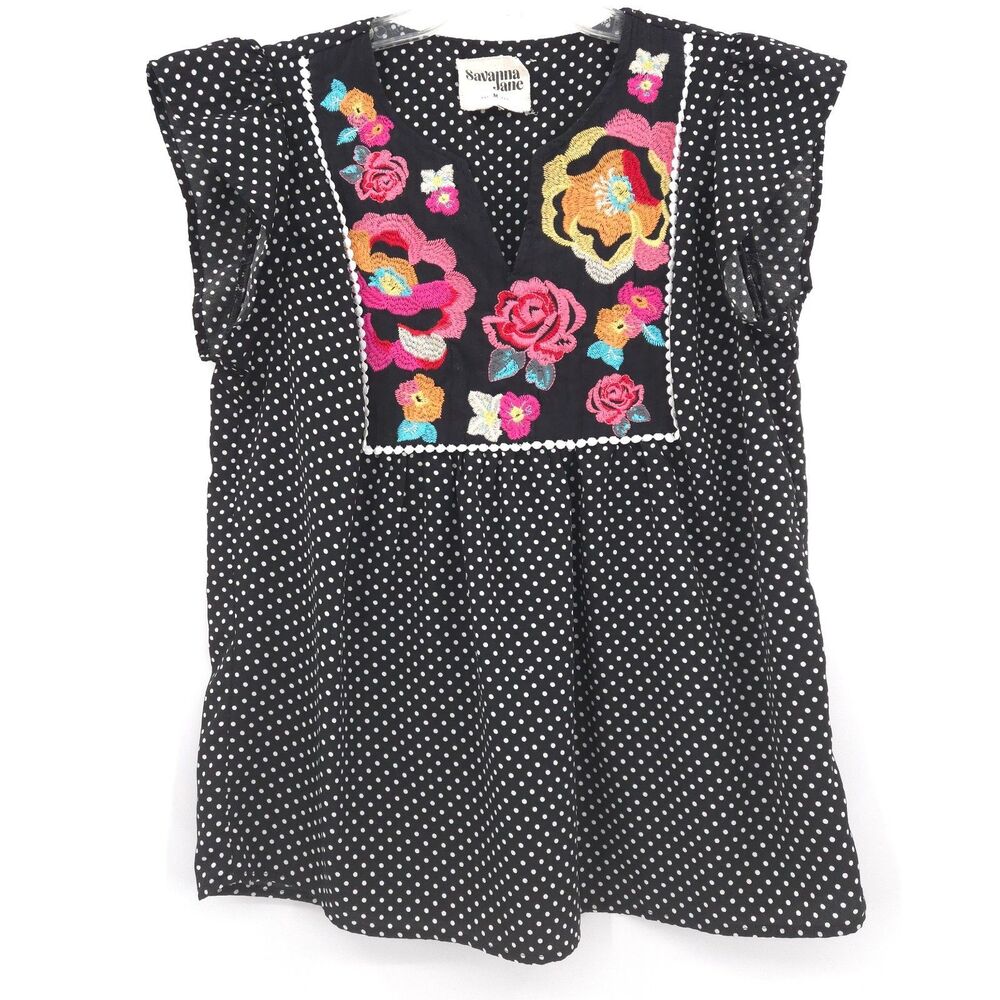 Savana Jane polka dot floral embroidered top Size M black‎ short sleeve Boho